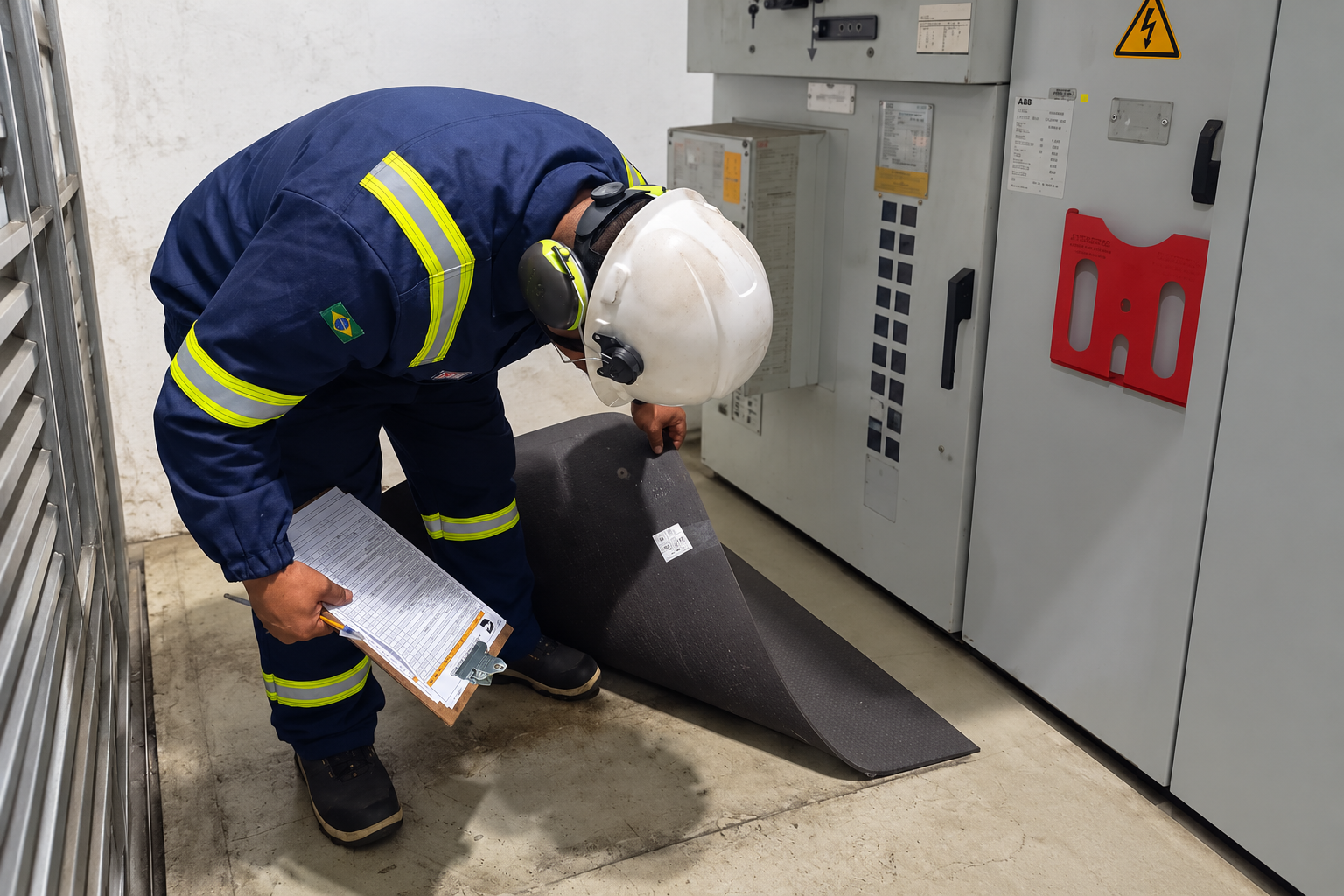 Profissional com uniforme azul, capacete branco e prancheta realizando uma inspeção técnica.